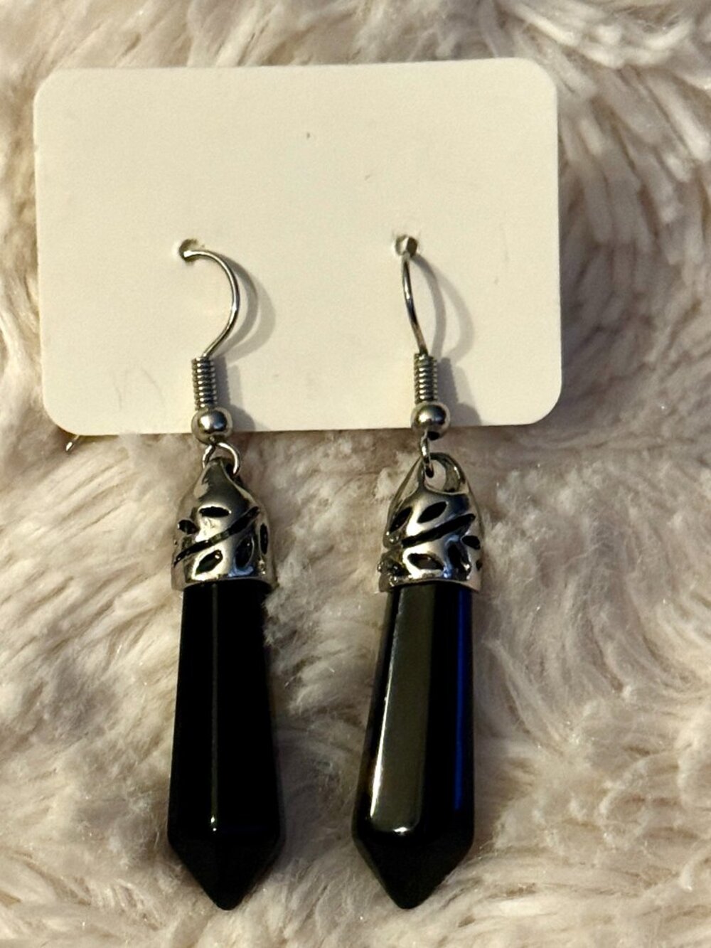 Black Agate Crystal Point Dangle Earrings- Silver Tone Boho Gothic